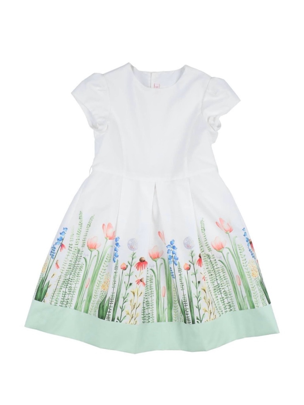 Il Gufo White Floral Border Dress with Mint Hem